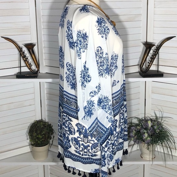 Xhilaration Kaftan Tunic Cover Up Floral White Blue XXL - Picture 3 of 11